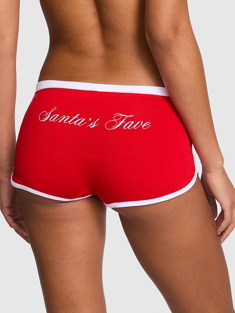 PINK Cotton Dorm Boyshort Panty, Bright Vermillion Santa's Fave Graphic Butt Hit, onModelBack, 2 of 3
