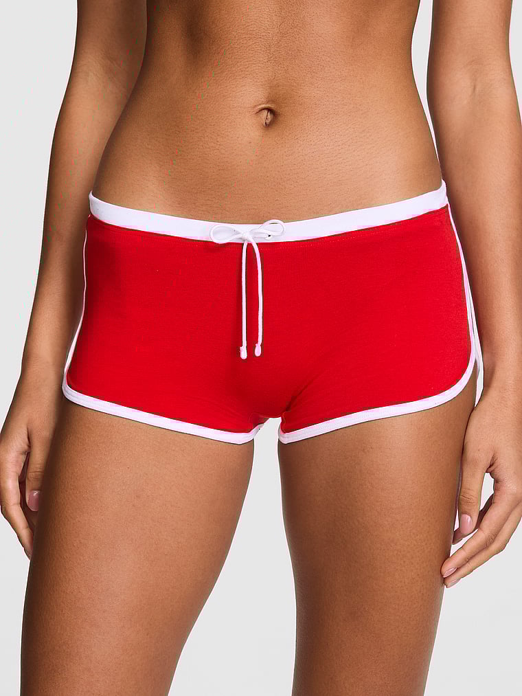 PINK Cotton Dorm Boyshort Panty, Bright Vermillion Santa's Fave Graphic Butt Hit, onModelFront, 1 of 3