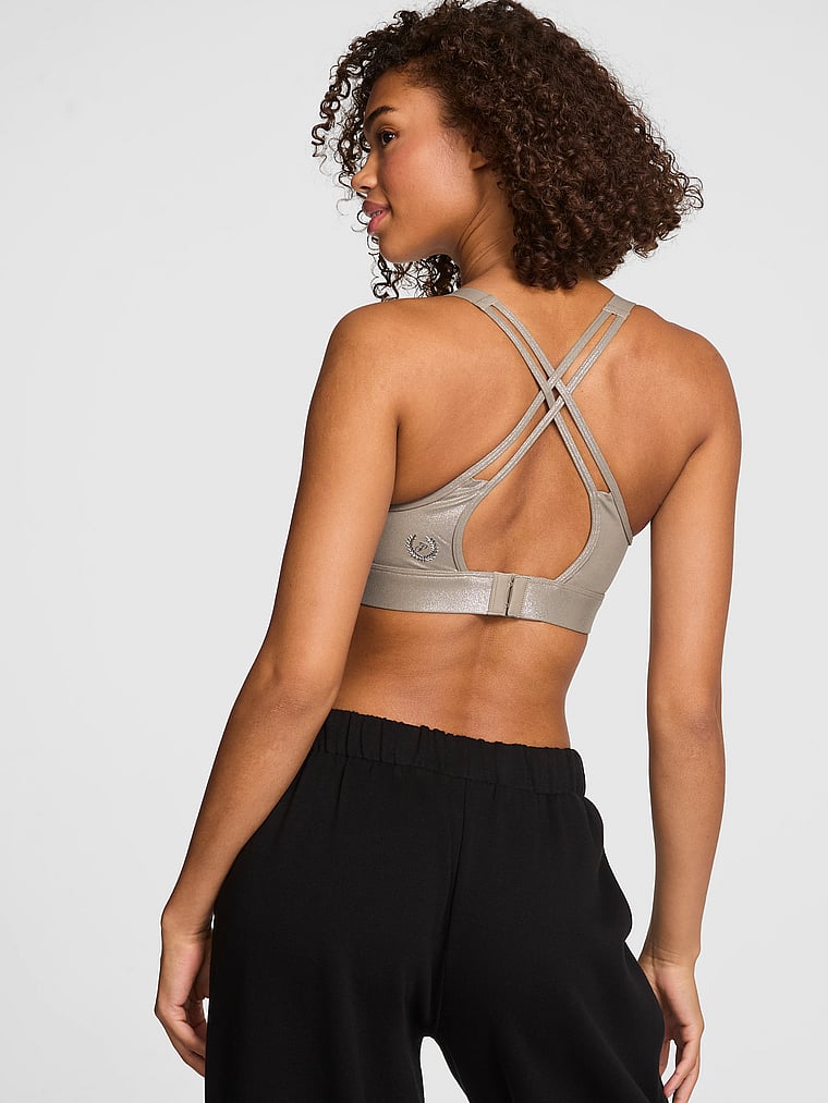 PINK Relay Strappy Medium-Support Sports Bra, Panama Beige Foil, onModelBack, 2 of 3