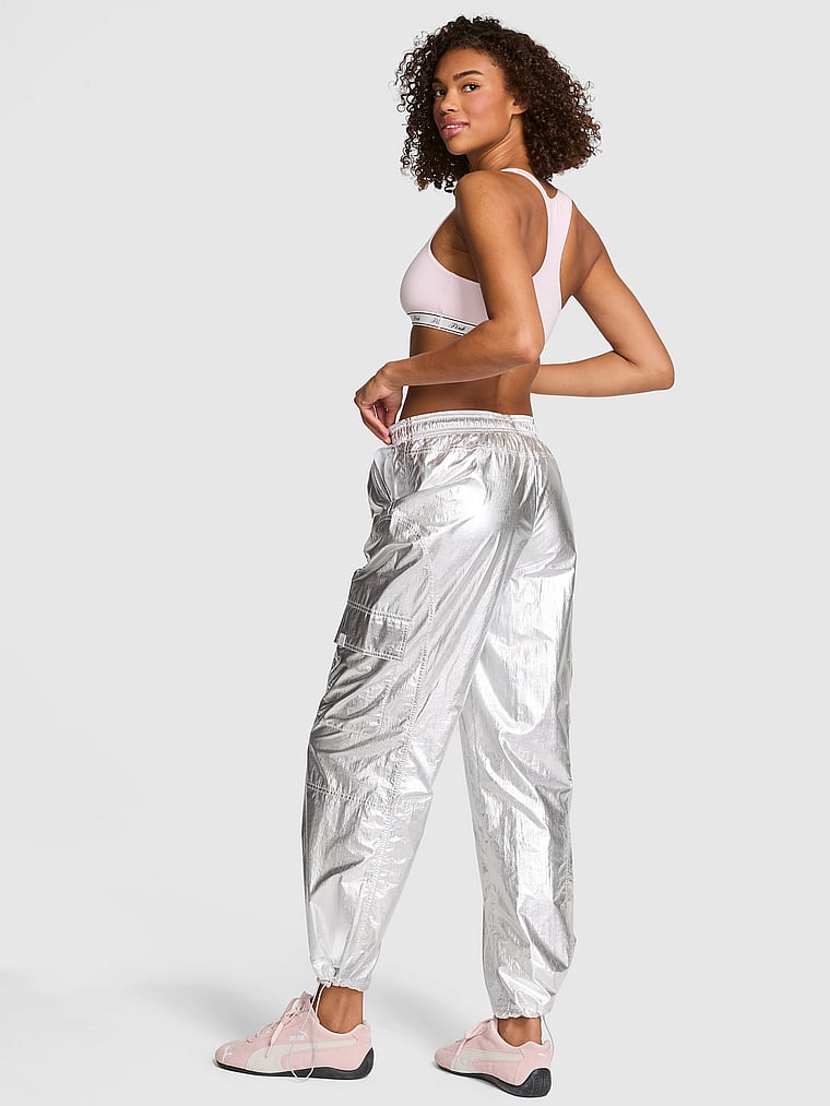PINK Metallic Barrel Cargo Pants, Silver Metallic, onModelBack, 3 of 5