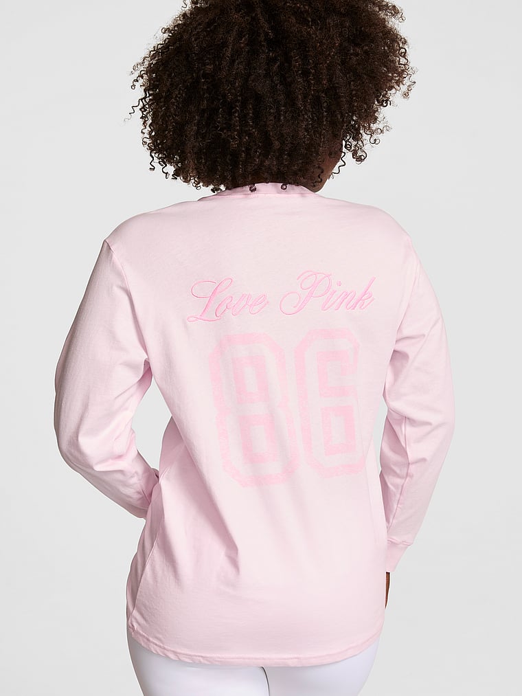 PINK Campus Cotton™ Long-Sleeve Tee, Pink Tulip, onModelFront, 1 of 3 Fanta is 5'11" or 180cm and wears Medium