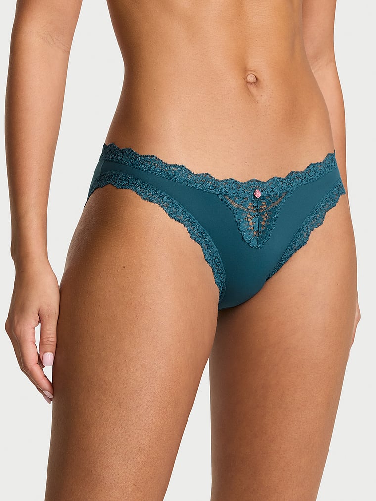 Victoria's Secret, Dream Angels Lace Bikini Panty, Teal Haze, onModelFront, 1 of 3 Nisaa is 5'9" or 175cm and wears Small