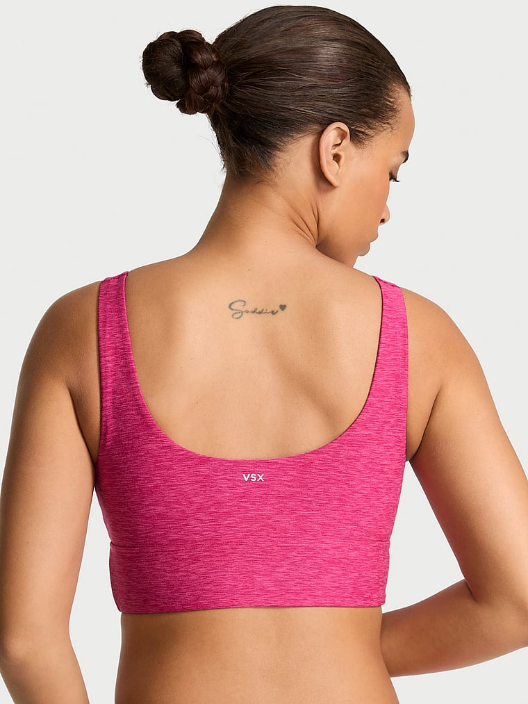 Victoria's Secret, VSX VSX LUXMarl™ Longline Sports Bra, Heather Cherry Blossom, onModelBack, 1 of 4 Nisaa is 5'9" and wears 34B or Small