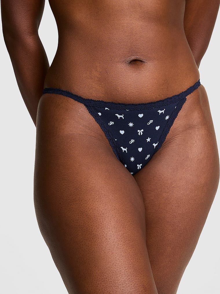 PINK PINK Wink™ Lace-Trim String Bikini Panty, Noir Navy Icon, onModelFront, 1 of 3 Fanta is 5'11" or 180cm and wears Large