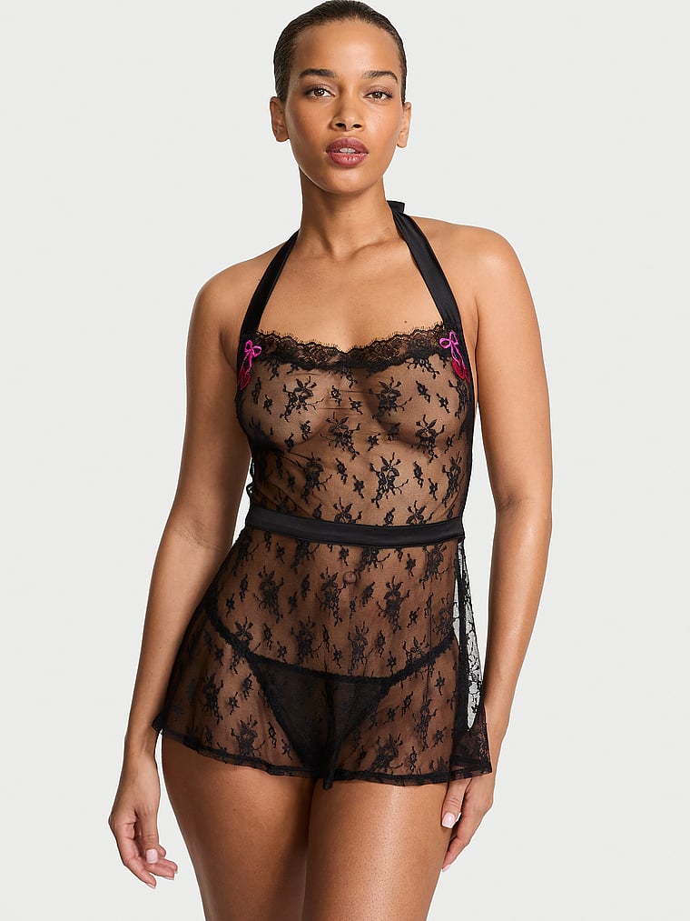 Cherry Pop Embroidery Lace Apron Babydoll Set