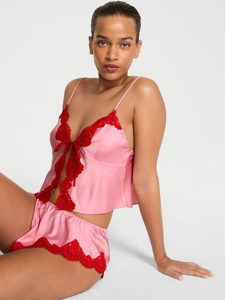 Satin Lace-Trim Flyaway Cami & Flutter Shorts Set