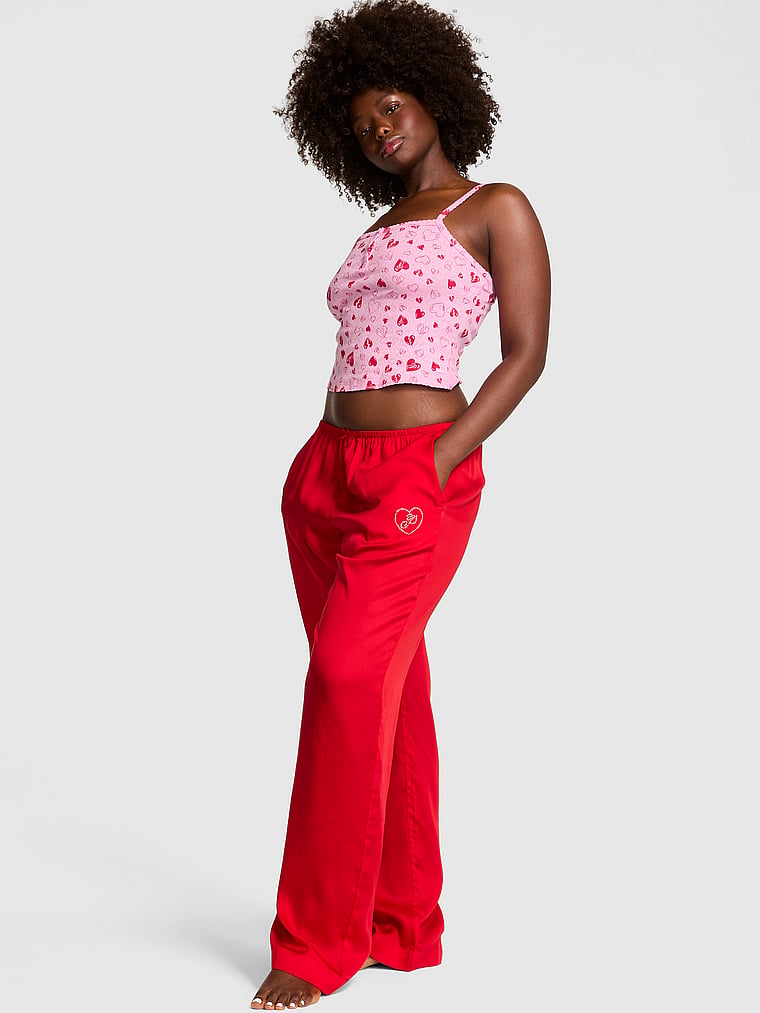 PINK Sweet Dreams Pajama Pants, Bright Vermilion Diamante "P" Graphic Hit, onModelFront, 1 of 4 Fanta is 5'11" and wears Large