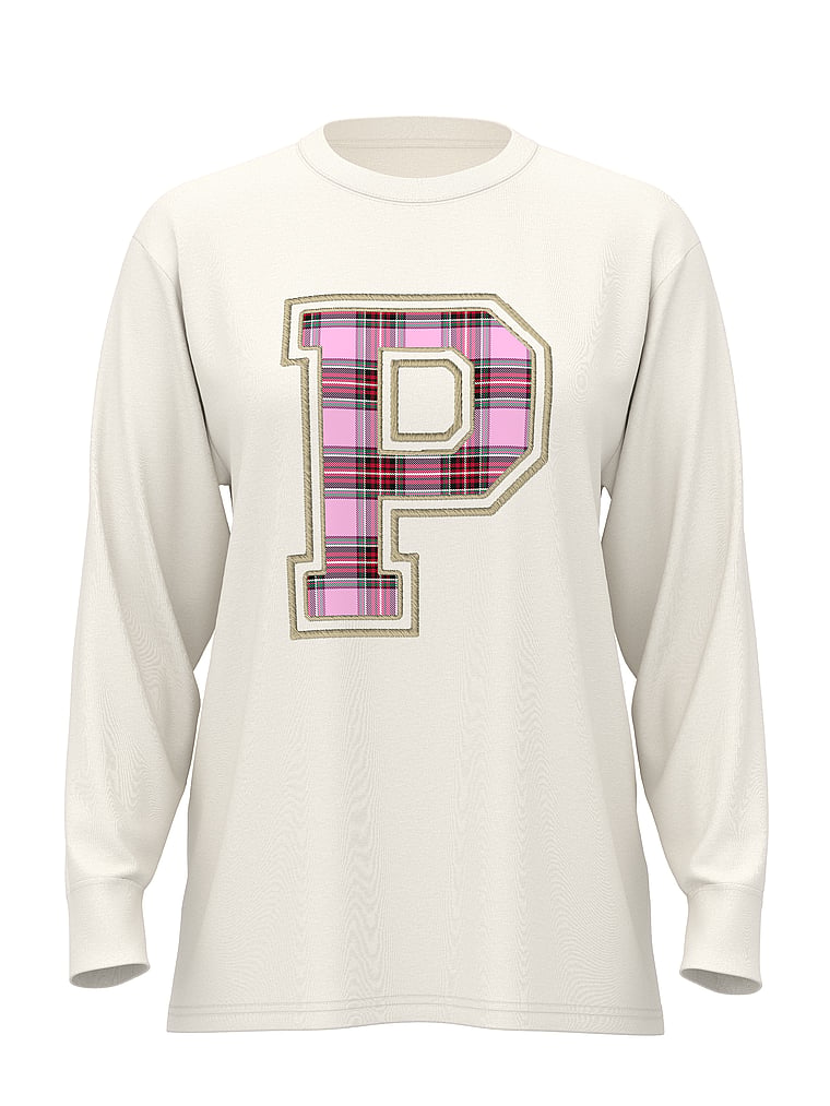 PINK Campus Cotton™ Long-Sleeve Tee, Winter White Santas Fav, offModelFront, 3 of 3