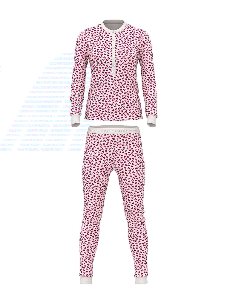 Victoria's Secret, Victoria's Secret Soft Thermal Henley Long Pajama Set, Coconut White W Lipstick Scattered Hearts, offModelFront, 2 of 5