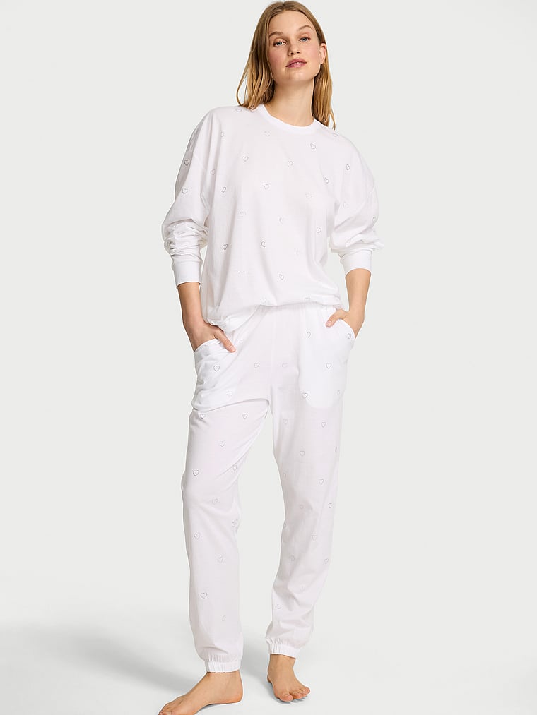 Victoria's Secret, Victoria's Secret 100% Cotton Shine Long Pajama Set, Vs White W Bling Hearts, onModelFront, 1 of 5 Lotta is 5'10" or 178cm and wears S/Regular