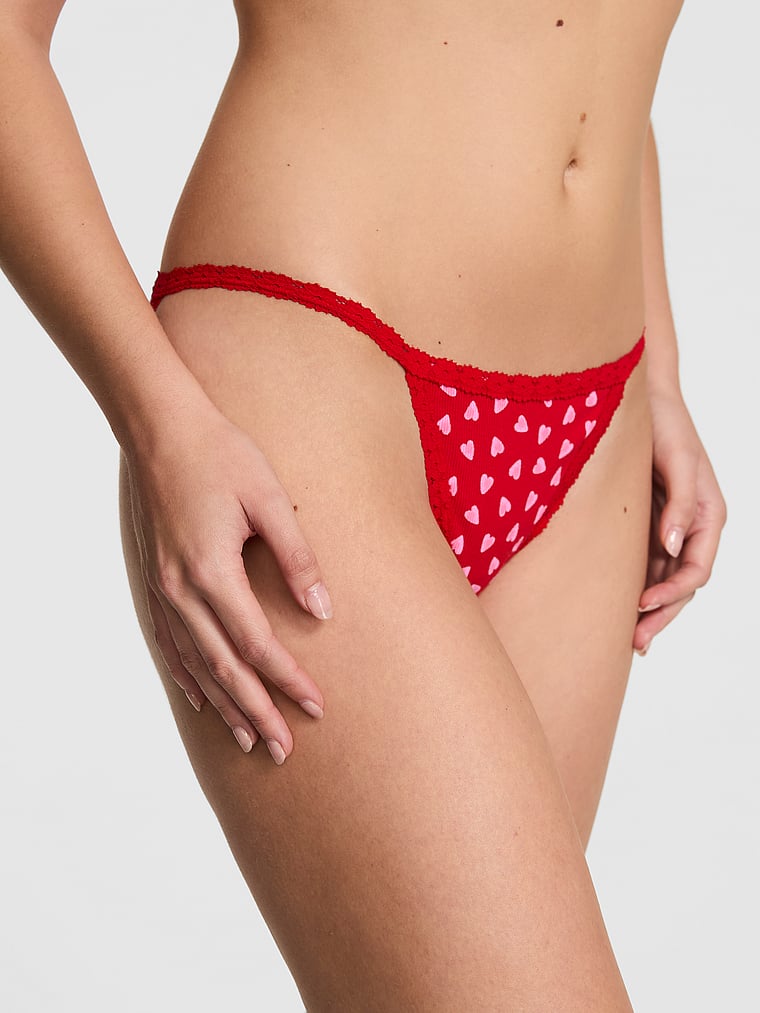 PINK PINK Wink™ Lace-Trim String Bikini Panty, Bright Vermillion Heart, onModelFront, 1 of 3 Taylor is 5'8" and wears Small