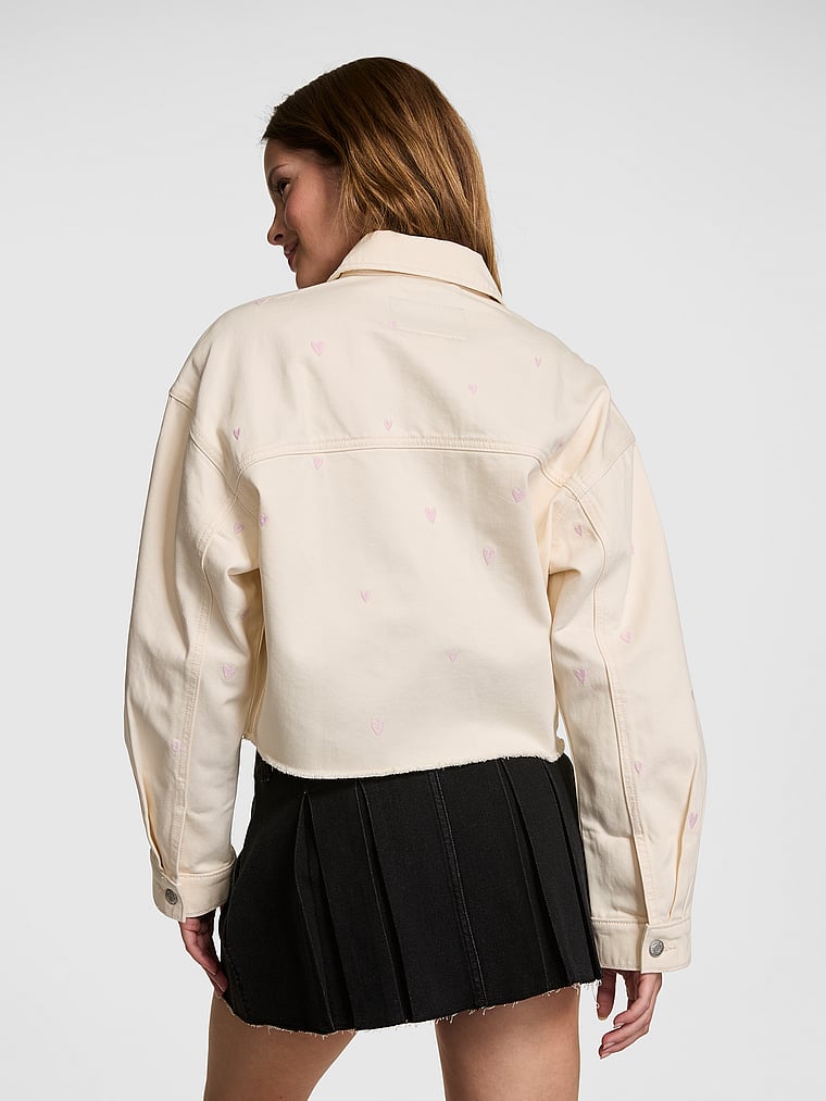 PINK Denim by PINK Cutoﬀ Shacket, Winter White Hearts, onModelBack, 1 of 3