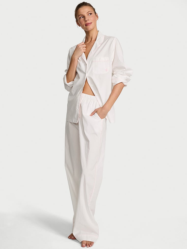 Victoria's Secret, Victoria's Secret Heritage Cotton Long Pajama Set, VS White with Pink Piping, onModelFront, 1 of 5 Aga is 5'10" or 178cm and wears S/Regular