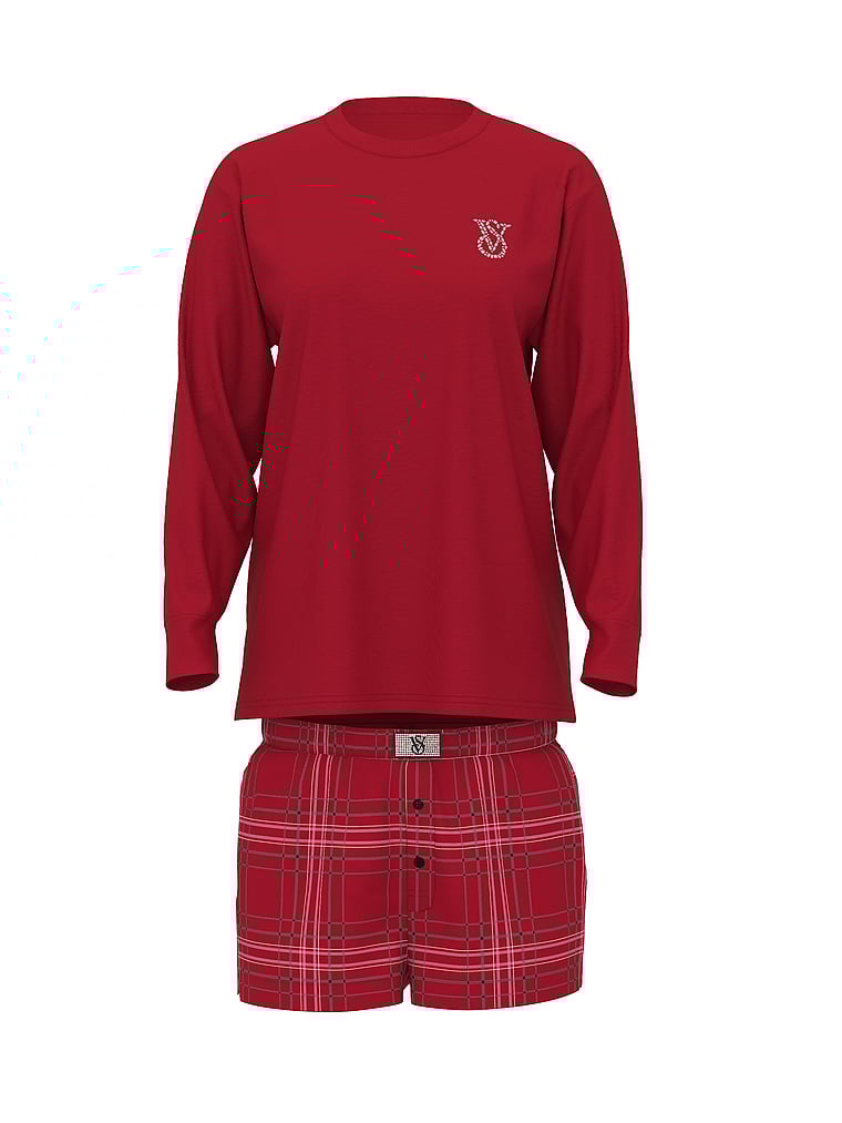 Flannel Long-Sleeve Short Tee-Jama Set