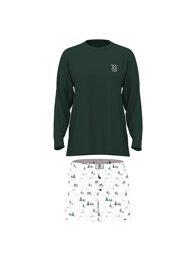 Flannel Long-Sleeve Short Tee-Jama Set