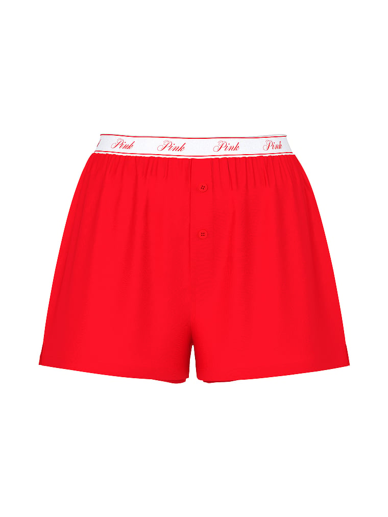 PINK Silky Sleep Boxy Pajama Shorts, Bright Vermillion "Sleigh Queen", offModelFront, 4 of 4