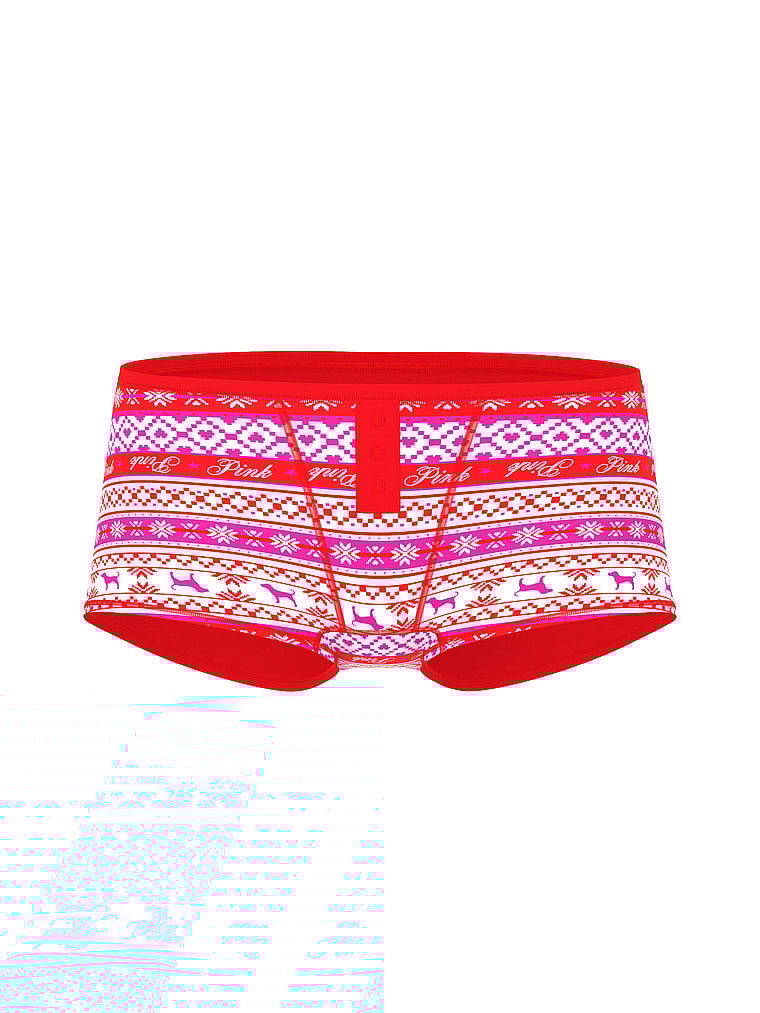 PINK Cotton Dorm Boyshort Panty, Bright Vermillion Fairisle Print, offModelFront, 3 of 3