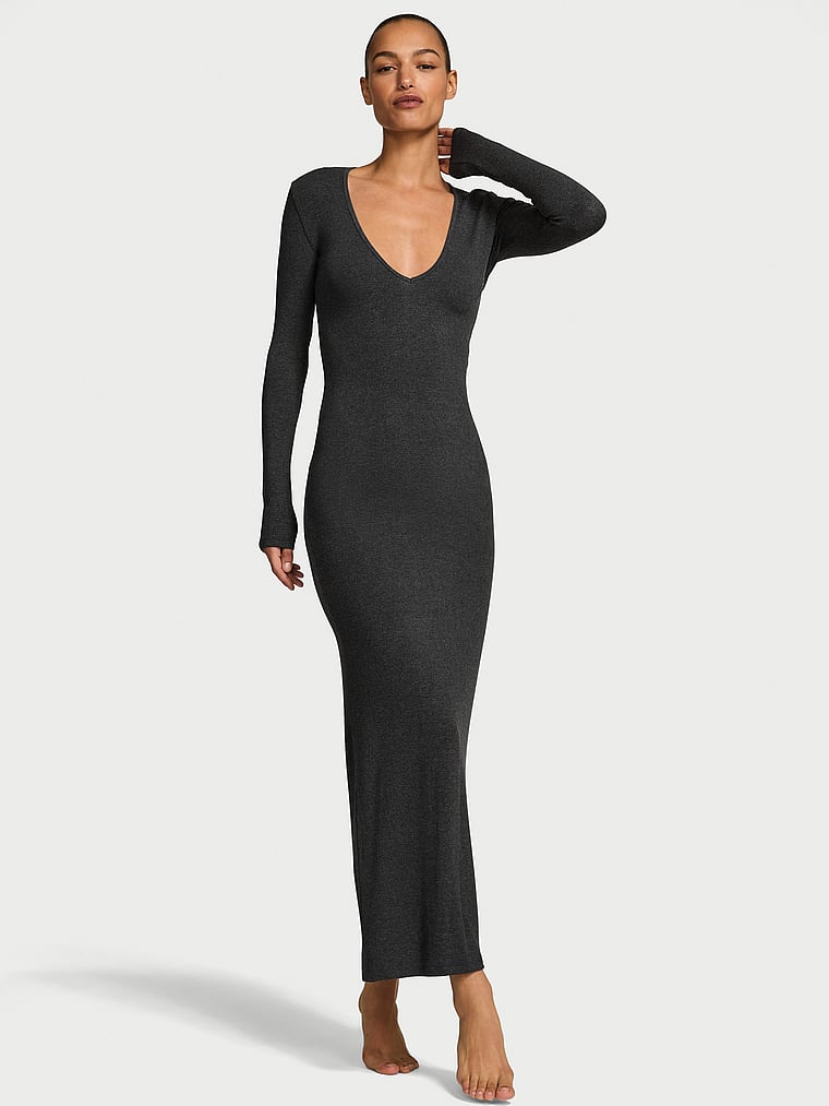 Victoria's Secret, Victoria's Secret SoSoft™ Modal Ribbed Deep-V Long-Sleeve Maxi Dress, Heather Characol Grey, onModelFront, 1 of 4 Nikita  is 5'10" and wears Small