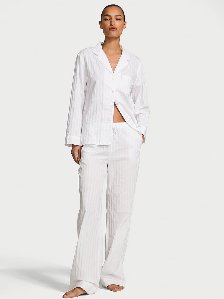 Victoria's Secret, Victoria's Secret Heritage Cotton Shadow Stripe Long Pajama Set, Vs White Shadow Stripe, onModelFront, 1 of 2 Nikita  is 5'10" or 178cm and wears S/Long
