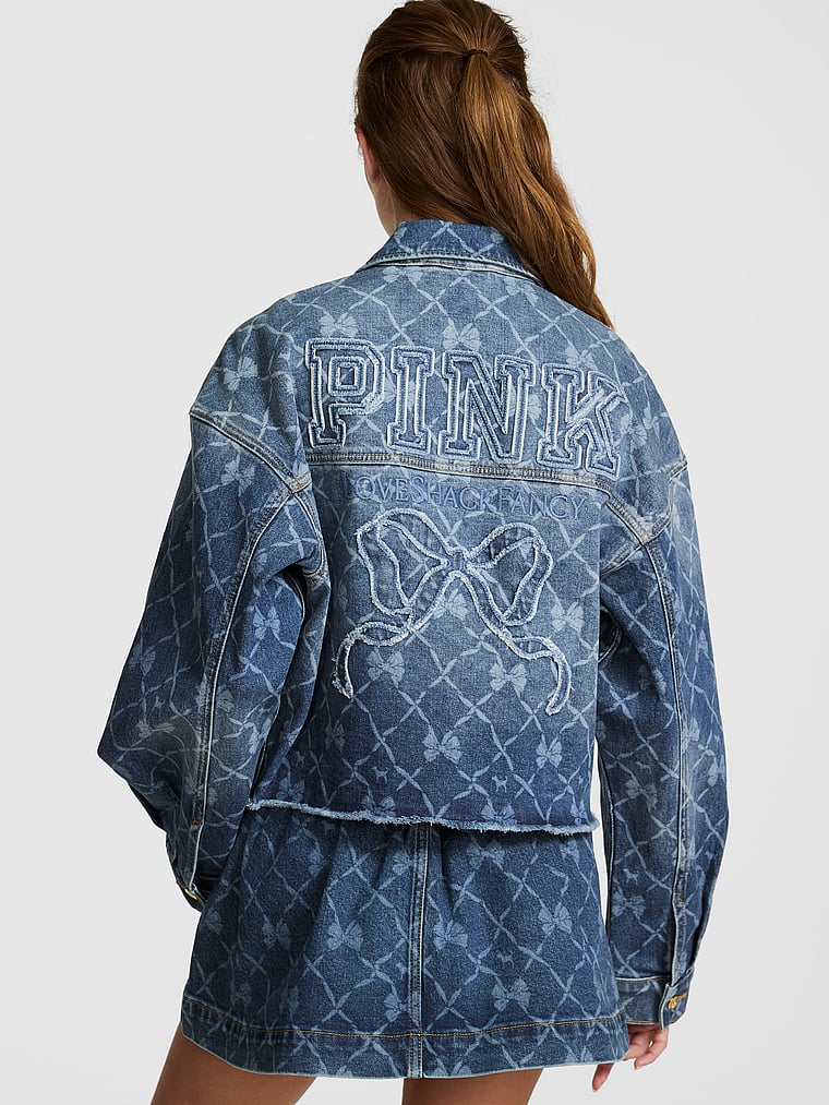 PINK X LoveShackFancy PINK x LoveShackFancy Cropped Denim Jacket, Bright Medium Wash, onModelBack, 3 of 4