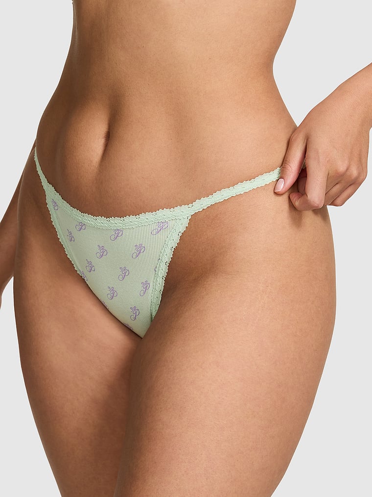 PINK PINK Wink™ Lace-Trim String Bikini Panty, Mint Script P, onModelFront, 1 of 3 Breanna is 5'8" or 173cm and wears Large