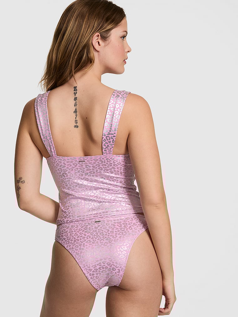 PINK SWIM Ruched Tankini Top, Hushed Lilac Leo, onModelBack, 2 of 2 Taylor is 5'8" or 173cm and wears 32B or Small