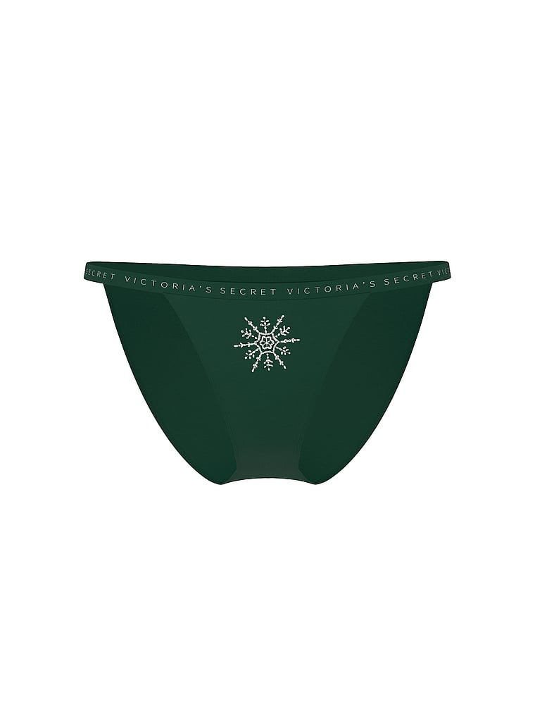 Victoria's Secret, Victoria's Secret Cotton Pointelle Floral Lace-Trim String Bikini Panty, Green Snowflake, offModelFront, 3 of 3
