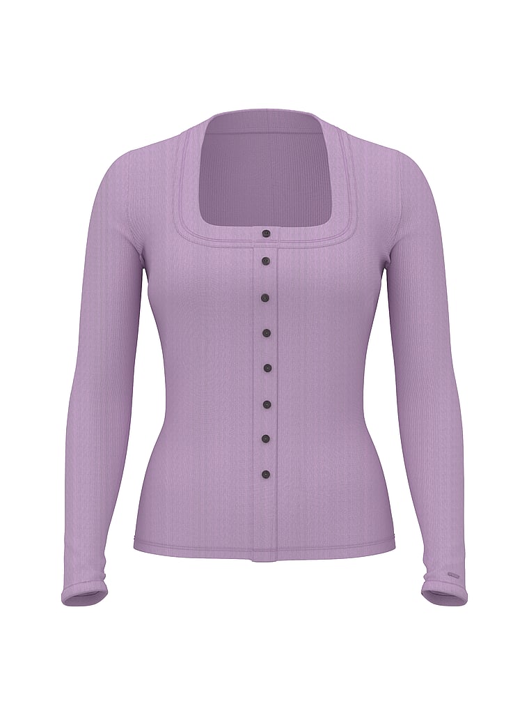 PINK Vintage Ribbed Button-Down Long-Sleeve Tee, Frozen Plum, offModelFront, 3 of 3