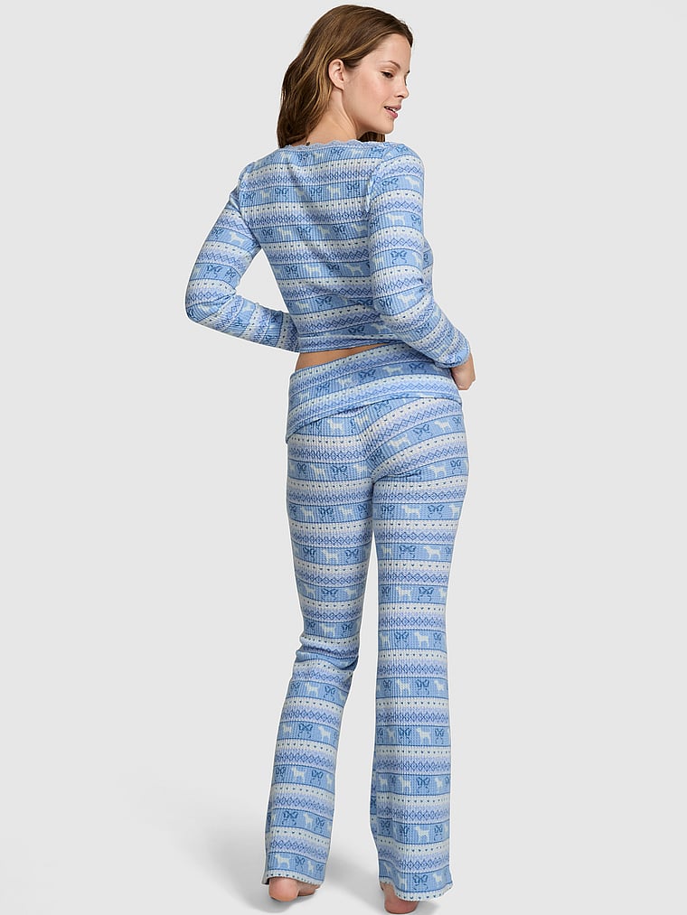 PINK X LoveShackFancy PINK x LoveShackFancy Waffle Long Pajama Set, Windsurfer Blue Fairisle, onModelBack, 3 of 4 Taylor is 5'8" and wears S/Regular