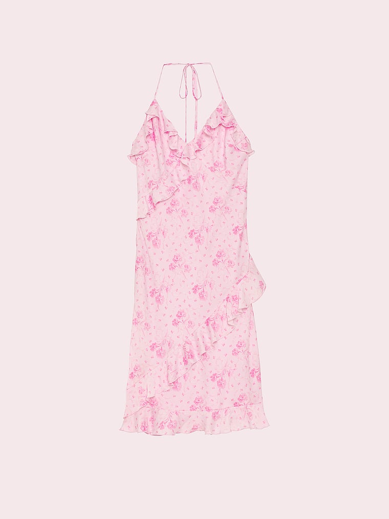 PINK X LoveShackFancy PINK x LoveShackFancy Satin Ruﬄe Midi Dress, Pink Tulip Entwined Carnation, offModelFront, 4 of 4