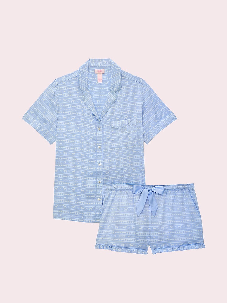 PINK X LoveShackFancy PINK x LoveShackFancy Satin Short Pajama Set, Windsurfer Blue Logo, offModelFront, 2 of 4