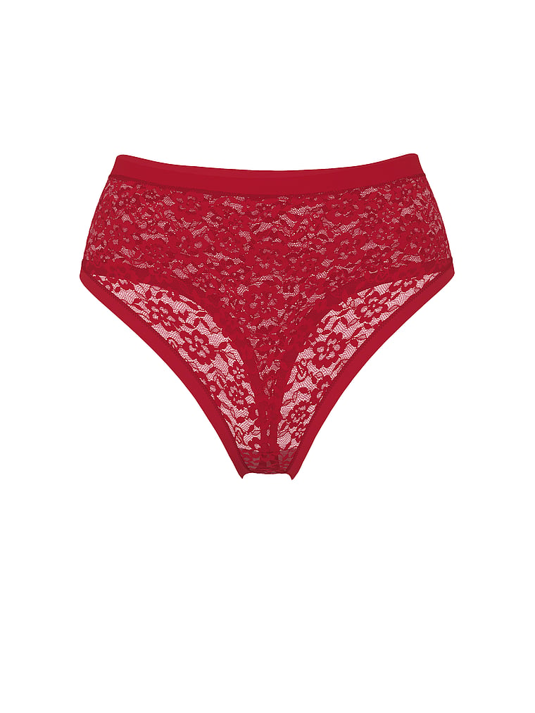 Victoria's Secret, No-Show No-Show Leopard Lace High-Waist Thong Panty, Red Lacquer, offModelFront, 3 of 3