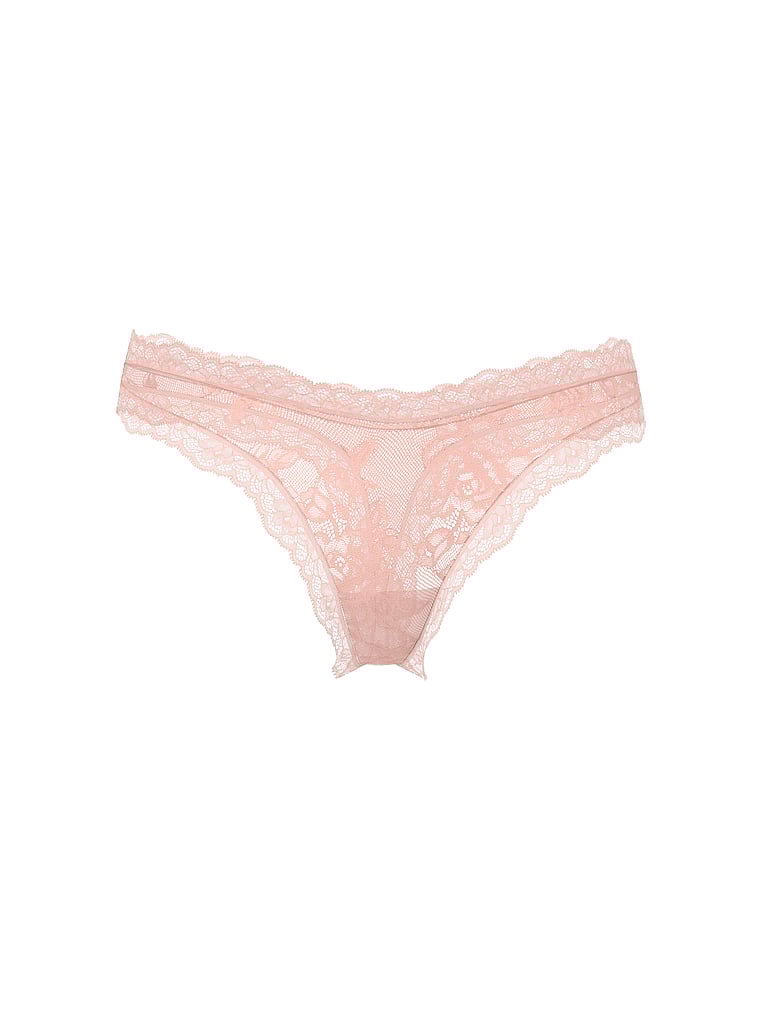 Victoria's Secret, Very Sexy Rose Lace Shimmer High-Leg Thong Panty, Royal Pink, offModelFront, 4 of 5