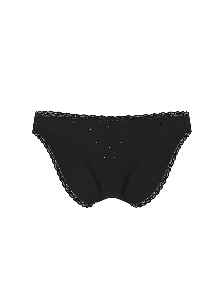 Victoria's Secret, Lace Trim Cotton Lace-Trim Sparkle Bikini Panty, Black, offModelFront, 3 of 3