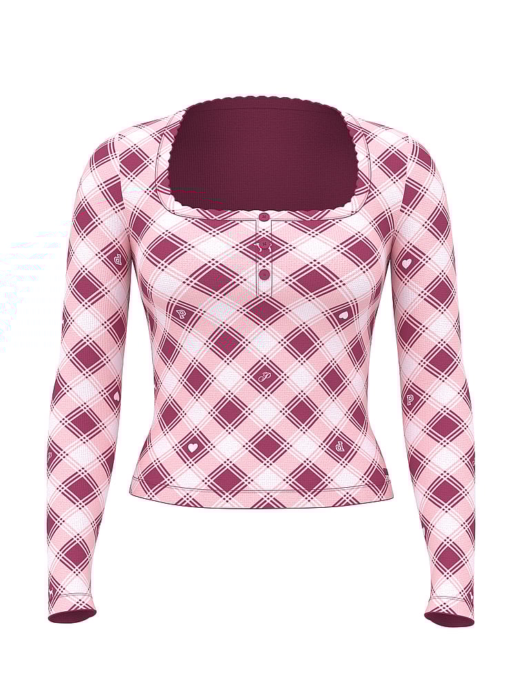 PINK Thermal Henley Pajama Top, Red Violet Plaid, offModelFront, 3 of 3
