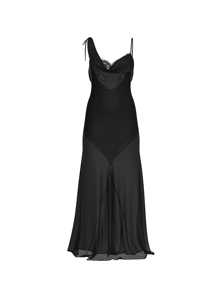 Victoria's Secret, Dream Angels Chiffon & Lace Draped Slip Gown, Black, offModelFront, 5 of 5