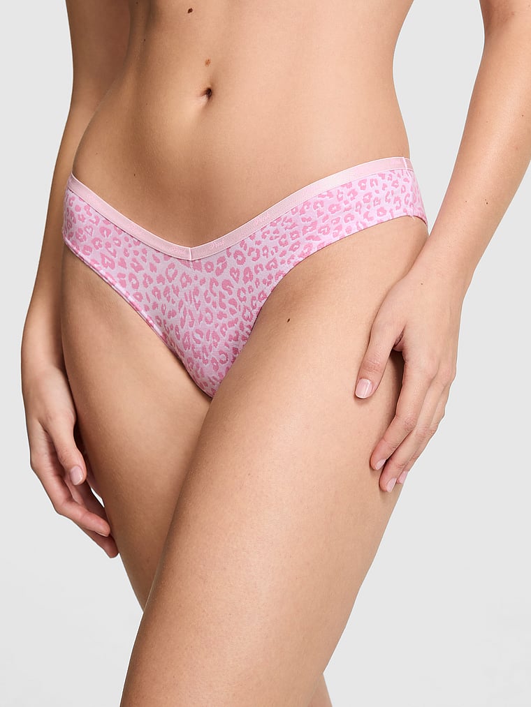 PINK Logo Cotton Tanga Panty, Moonstone Pink Leopard Print, onModelFront, 1 of 3 Taylor is 5'8" and wears Small