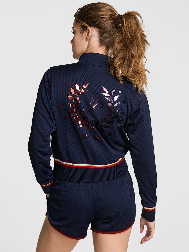 Mesh Cropped Mock-Neck Full-Zip Jacket