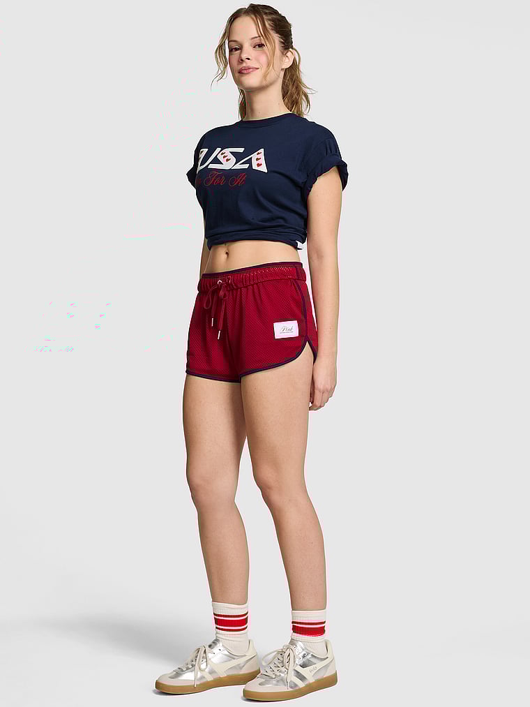 PINK Mesh Run Shorts, Red, onModelFront, 1 of 3 Taylor is 5'8" and wears Small