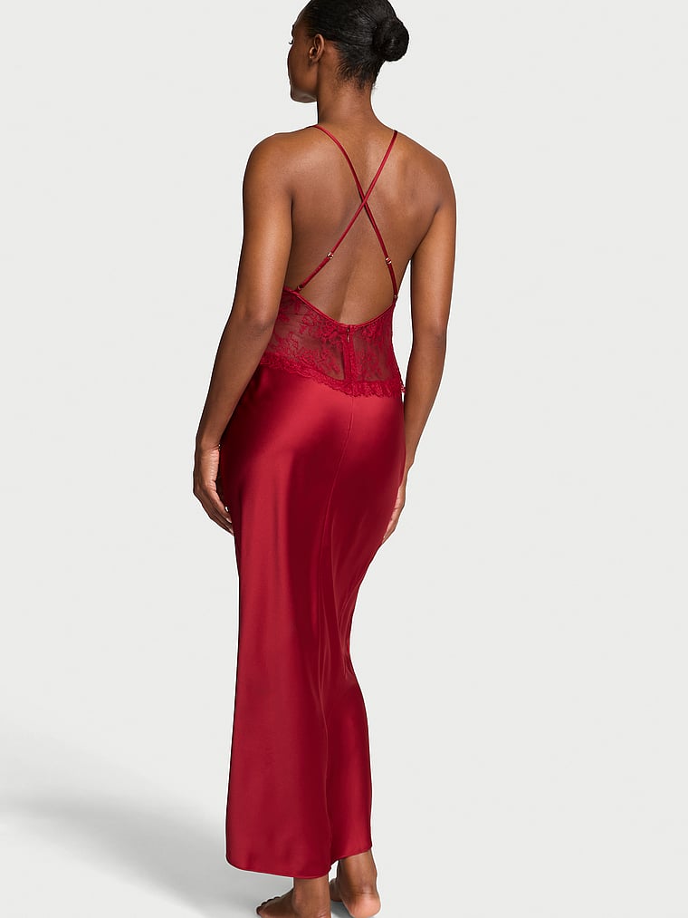 Satin Rose Lace Long Slip Dress