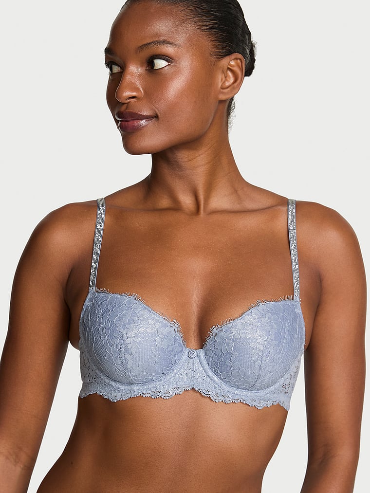 Victoria's Secret, Dream Angels Twinkle Silver Lace Lightly Lined Demi Bra, Blue Grey Shimmer, onModelFront, 1 of 5 Tsheca  is 5'9" and wears 34B or Small
