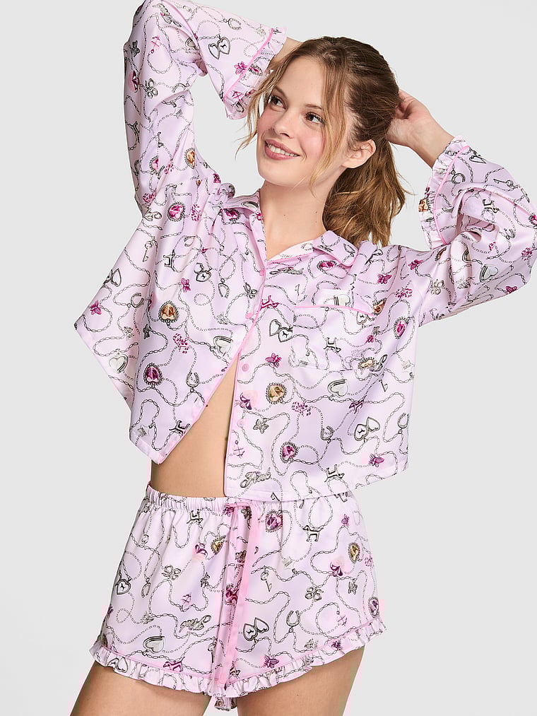 PINK GRWPINK™ Satin Long-Sleeve and Shorts Pajama Set, Pink Lollipop Locket Print, onModelFront, 1 of 3 Taylor is 5'8" and wears S/Regular