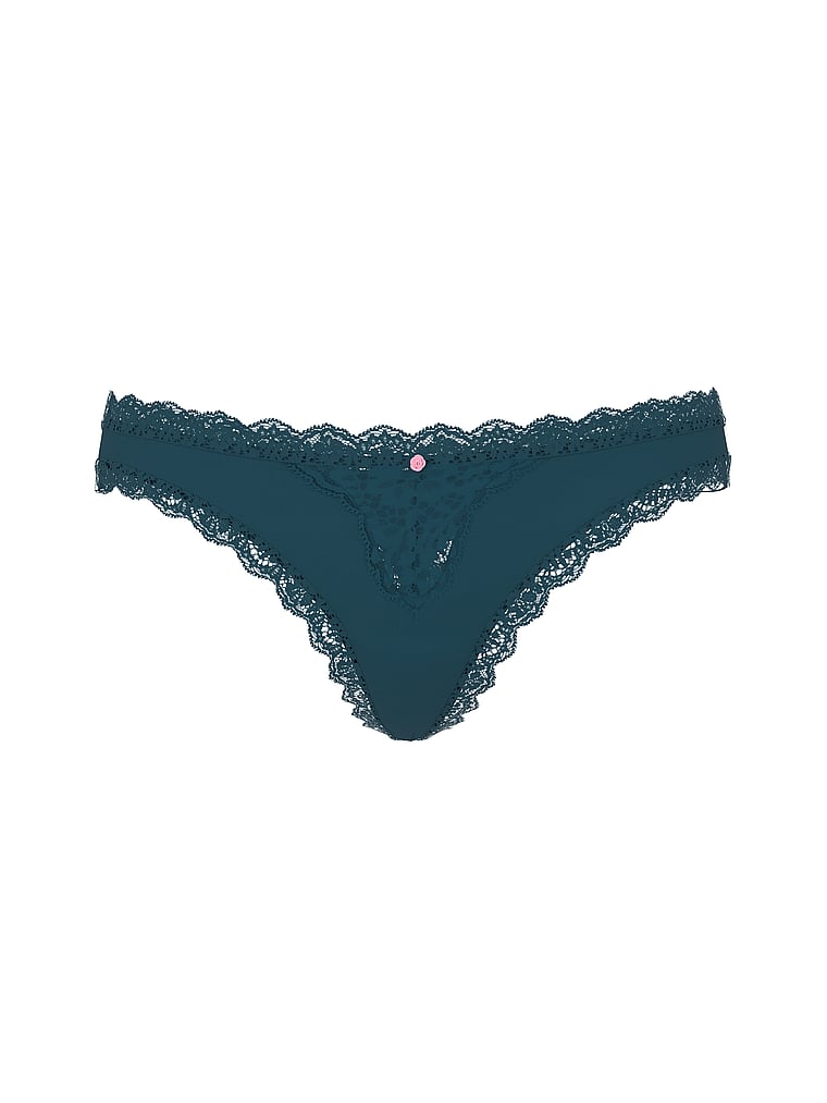 Victoria's Secret, Dream Angels Lace-Trim Thong Panty, Teal Haze, offModelFront, 4 of 4