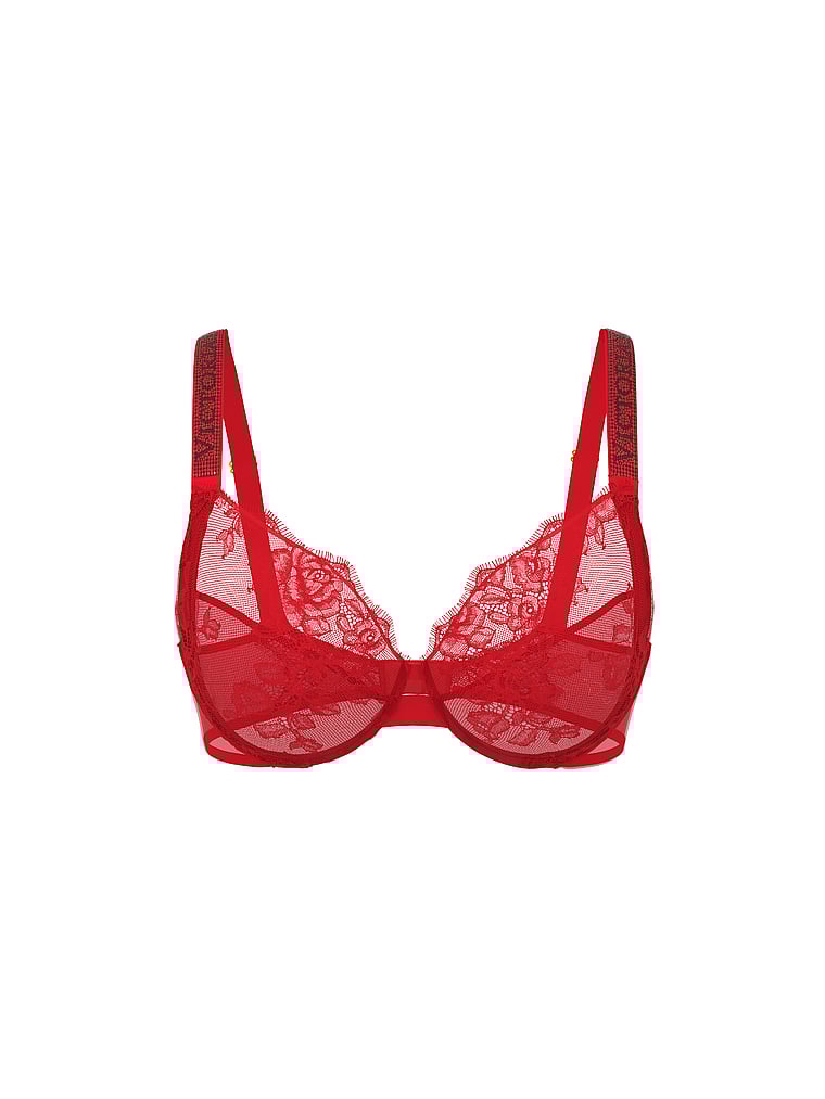 Victoria's Secret, Very Sexy Fabulous by Victoria's Secret Shine Strap Lace Unlined Full-Cup Bra, Lipstick, offModelFront, 4 of 4