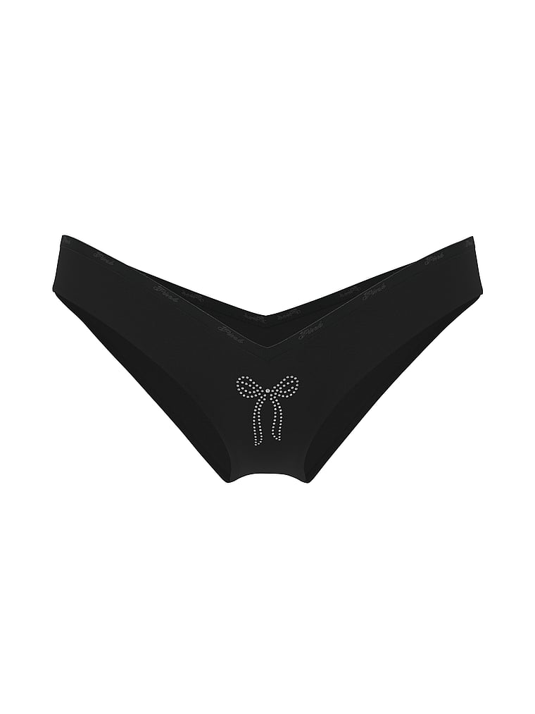 PINK Logo Cotton Tanga Panty, Black Bow Diamante Graphic, offModelFront, 4 of 4