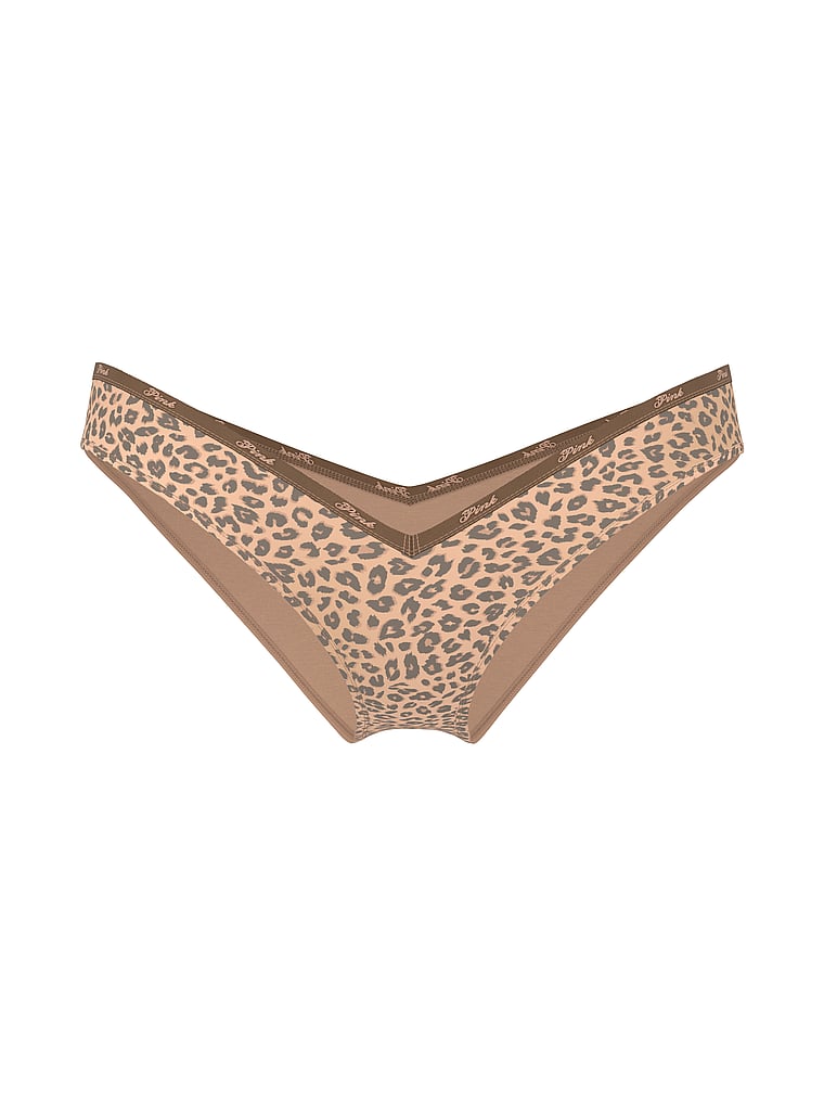 PINK Logo Cotton Tanga Panty, Birch Brown Leopard Print, offModelFront, 3 of 3