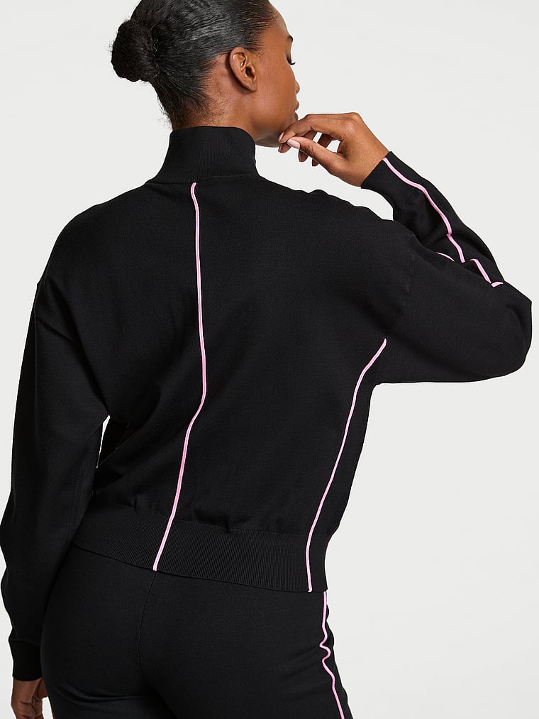 Victoria's Secret, VSX Tipped Knit Full-Zip Sweater, Black & Pink, onModelBack, 2 of 4 Tsheca  is 5'9" and wears Small