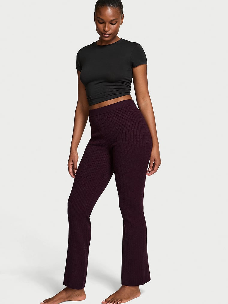 Victoria's Secret, Victoria's Secret Luxe Cable-Knit Flare Lounge Pants, Winter Wine, onModelFront, 1 of 2 Tsheca  is 5'9" or 175cm and wears Small