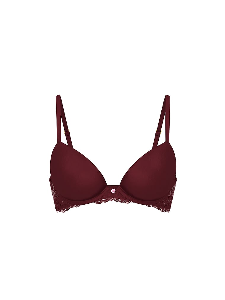 Victoria's Secret, Dream Angels Twinkle Lace Push-Up Bra, Sangria Red, offModelFront, 3 of 4