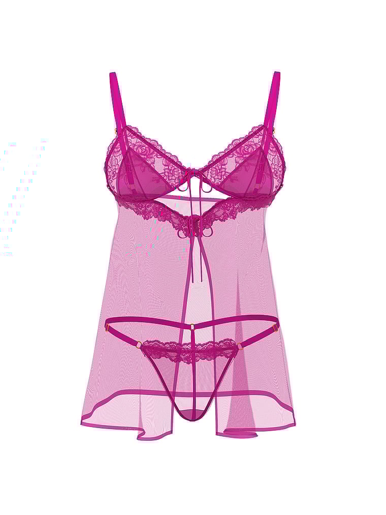 Sheer Rose Lace Triangle Babydoll Set